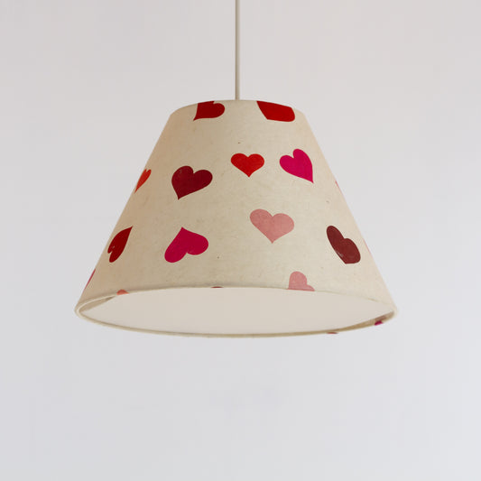 Conical Lamp Shade - P82 ~ Pink Hearts on Natural Lokta, 15cm Top, 35cm Bottom, 22cm Height