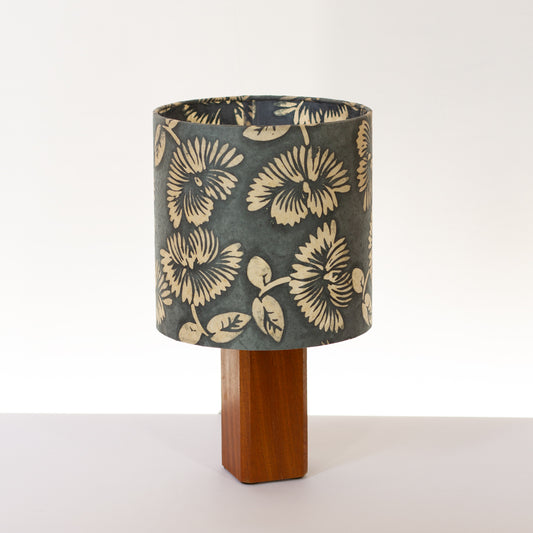 Square Sapele Table Lamp with 20cm Drum Lamp Shade B119 ~ Batik Peony Grey