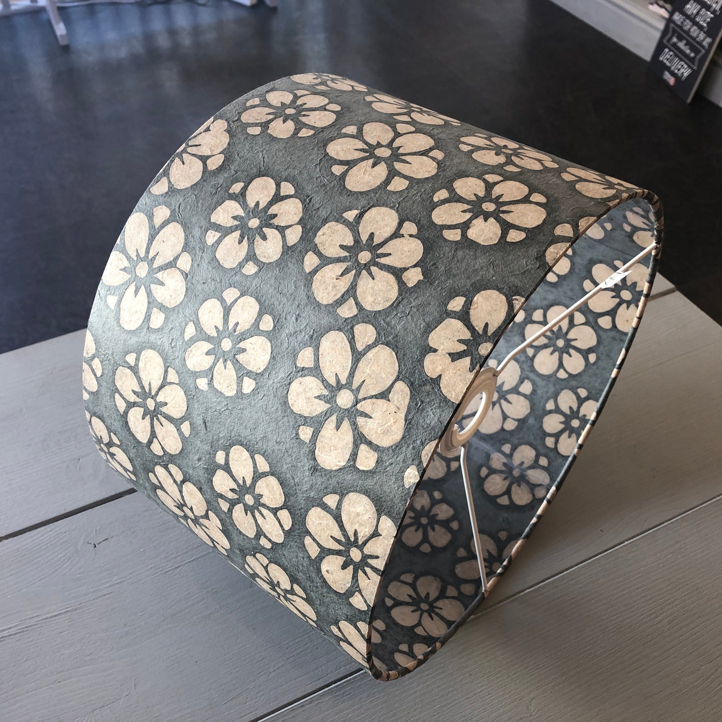 Drum Lamp Shade - P77 - Batik Star Flower Grey, 20cm(d) x 30cm(h)