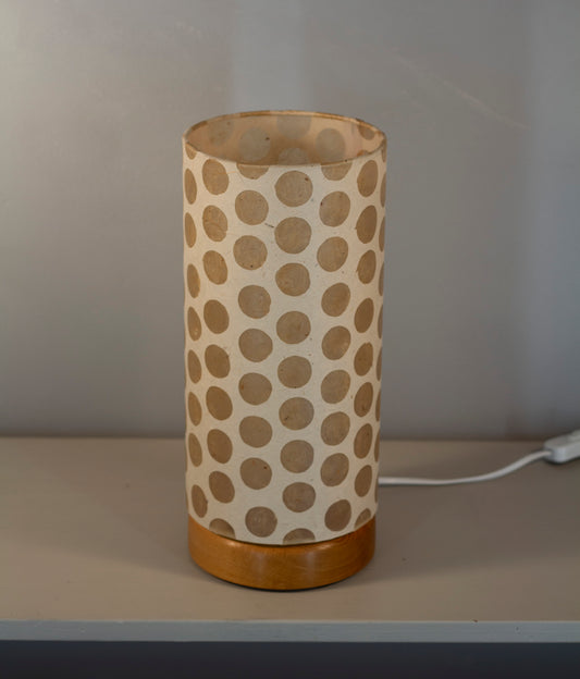 Flat Round Oak Table Lamp with 15cm x 30cm Lampshade in P85 ~ Batik Dots on Natural