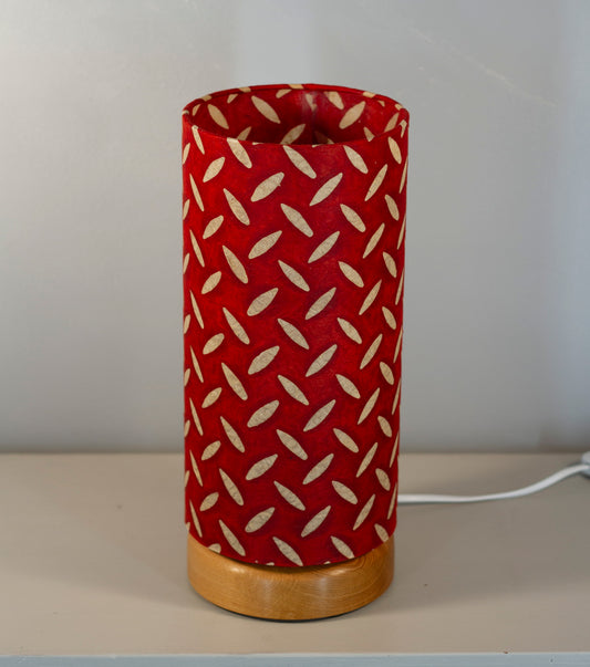 Flat Round Oak Table Lamp with 15cm x 30cm Lampshade in P90 ~ Batik Tread Plate Red