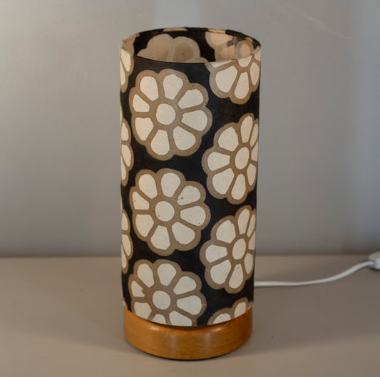 Flat Round Oak Table Lamp with 15cm x 30cm Lampshade in P24 ~ Batik Big Flower on Black