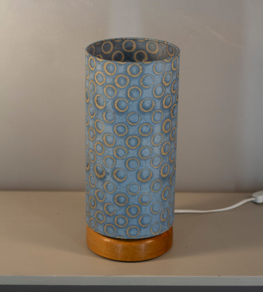 Flat Round Oak Table Lamp with 15cm x 30cm Lampshade in P72 ~ Batik Blue Circles