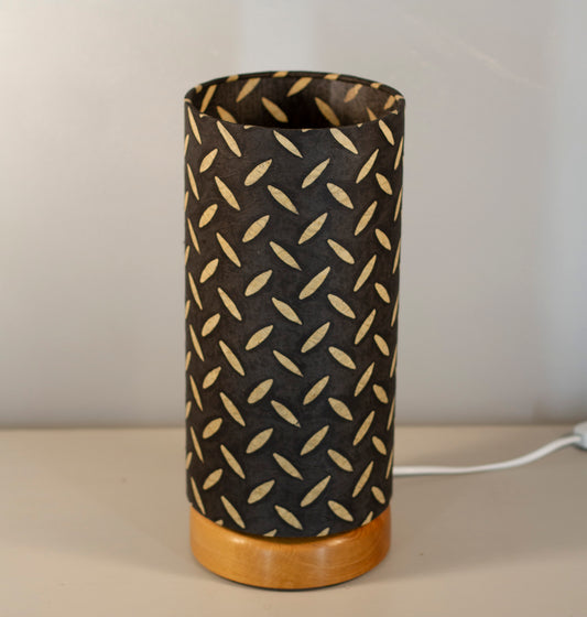 Flat Round Oak Table Lamp with 15cm x 30cm Lampshade in P11 ~ Batik Tread Plate Black