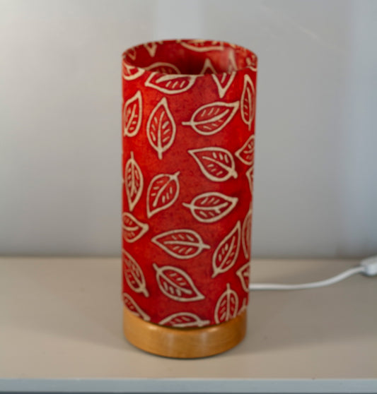 Flat Round Oak Table Lamp with 15cm x 30cm Lampshade in P30 ~ Batik Leaf on Red