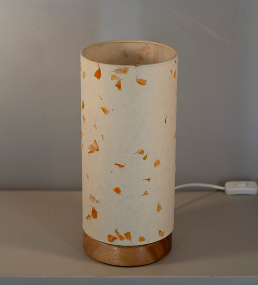 Flat Round Sapele Table Lamp with 15cm x 30cm Lampshade in P32 ~ Marigold Petals