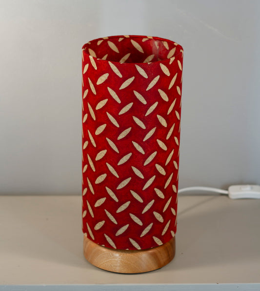 Flat Round Sapele Table Lamp with 15cm x 30cm Lampshade in P90 ~ Batik Tread Plate Red