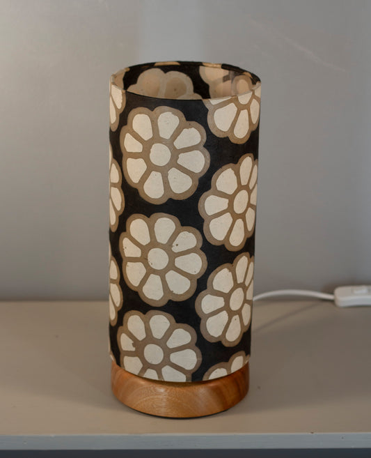 Flat Round Sapele Table Lamp with 15cm x 30cm Lampshade in P24 ~ Batik Big Flower on Black