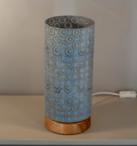 Flat Round Sapele Table Lamp with 15cm x 30cm Lampshade in P72 ~ Batik Blue Circles