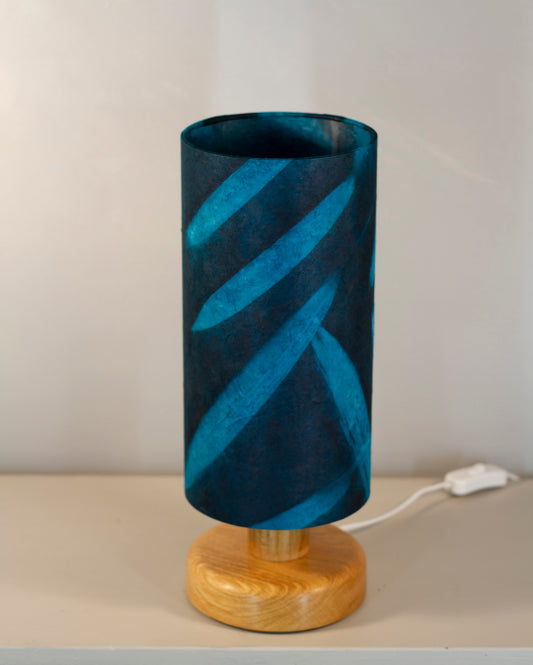 Round Oak Table Lamp with 15cm x 30cm Lampshade in P99 - Resistance Dyed Teal Bamboo