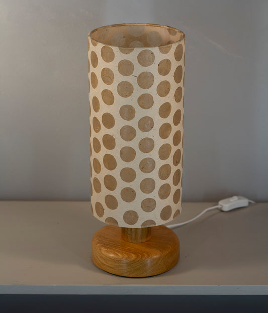 Round Oak Table Lamp with 15cm x 30cm Lampshade in P85 ~ Batik Dots on Natural