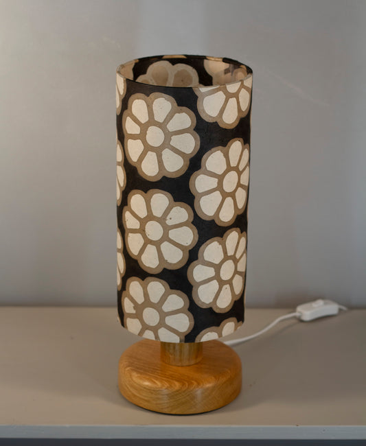 Round Oak Table Lamp with 15cm x 30cm Lampshade in P24 ~ Batik Big Flower on Black
