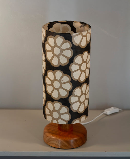 Round Sapele Table Lamp with 15cm x 30cm Lampshade in P24 ~ Batik Big Flower on Black
