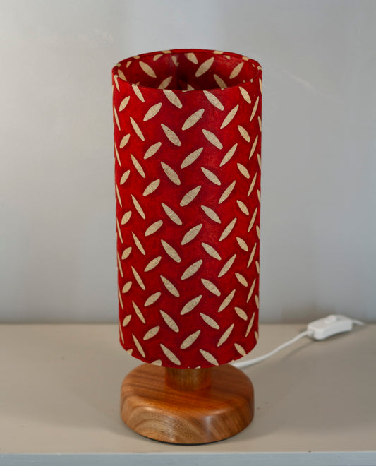 Round Sapele Table Lamp with 15cm x 30cm Lampshade in P90 ~ Batik Tread Plate Red