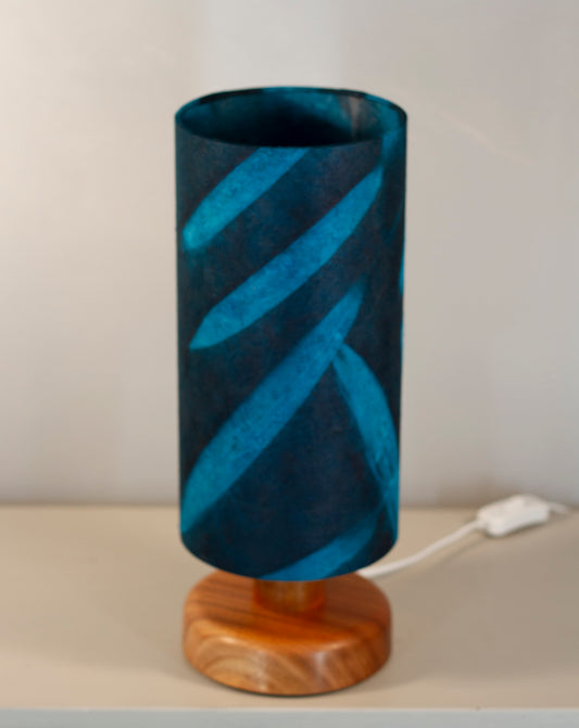 Round Sapele Table Lamp with 15cm x 30cm Lamp Shade in P99 - Resistance Dyed Teal Bamboo