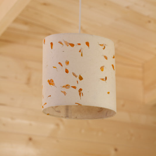 Oval Lamp Shade - P32 - Marigold Petals on Natural Lokta, 20cm(w) x 20cm(h) x 13cm(d)