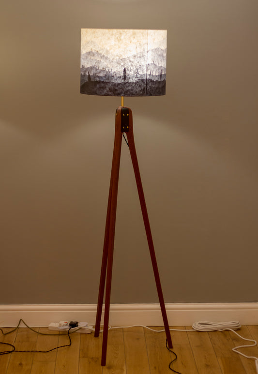 Original Ink Sketch Lamp Shade on a Sapele Tripod Floor Lamp