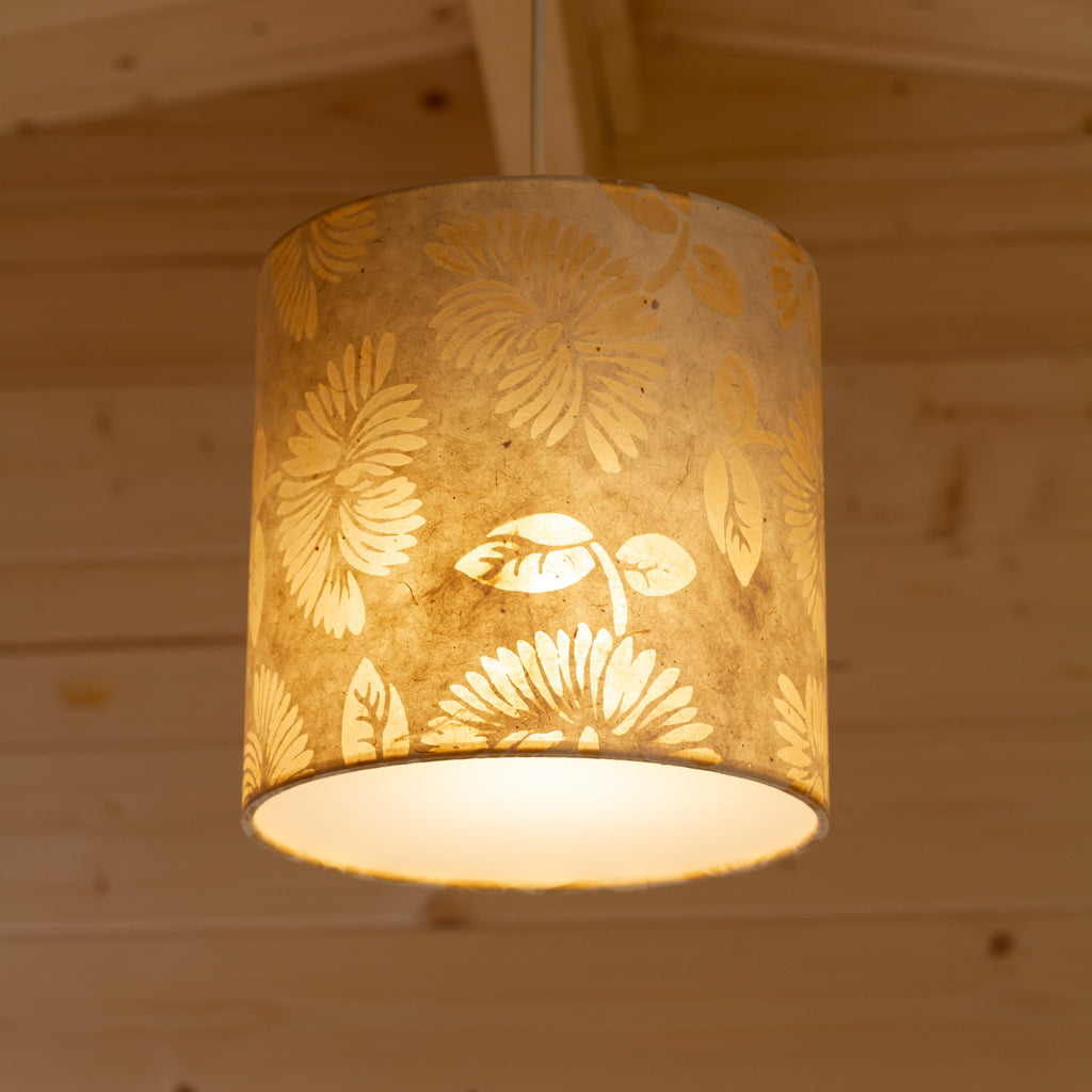 Drum Lamp Shade - P09 - Batik Peony on Natural, 20cm(d) x 20cm(h)