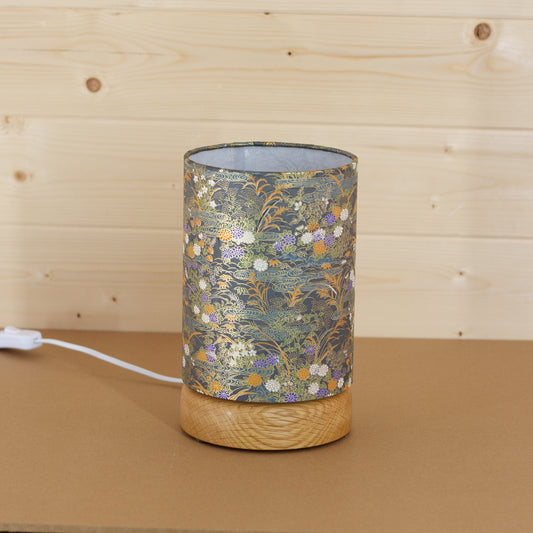 Flat Round Oak Table Lamp with 15cm x 20cm Lampshade in W08 - Lily Pond