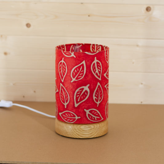 Flat Round Oak Table Lamp with 15cm x 20cm Lampshade in P30 ~ Batik Leaf on Red