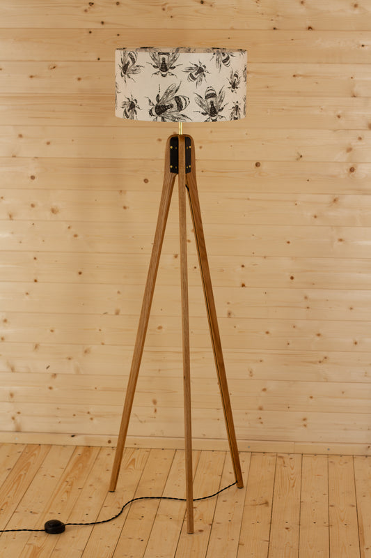Oak Tripod Floor Lamp - P42 - Bees Screen Print on Natural Lokta