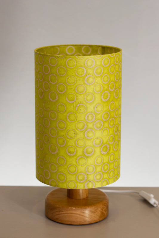 Round Oak Table Lamp with 20cm x 30cm Lamp Shade in P02 ~ Batik Lime Circles