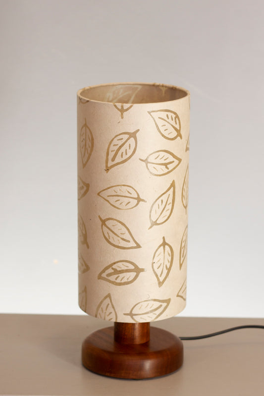 Round Sapele Table Lamp with 15cm x 30cm Lamp Shade in (P28) Batik Leaf on Natural