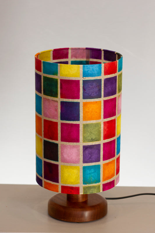 Round Sapele Table Lamp with 20cm x 30cm Lamp Shade in P01 ~ Batik Multi Square