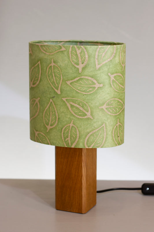 Square Oak Table Lamp with Oval Lamp Shade P29 ~ Batik Leaf on Green