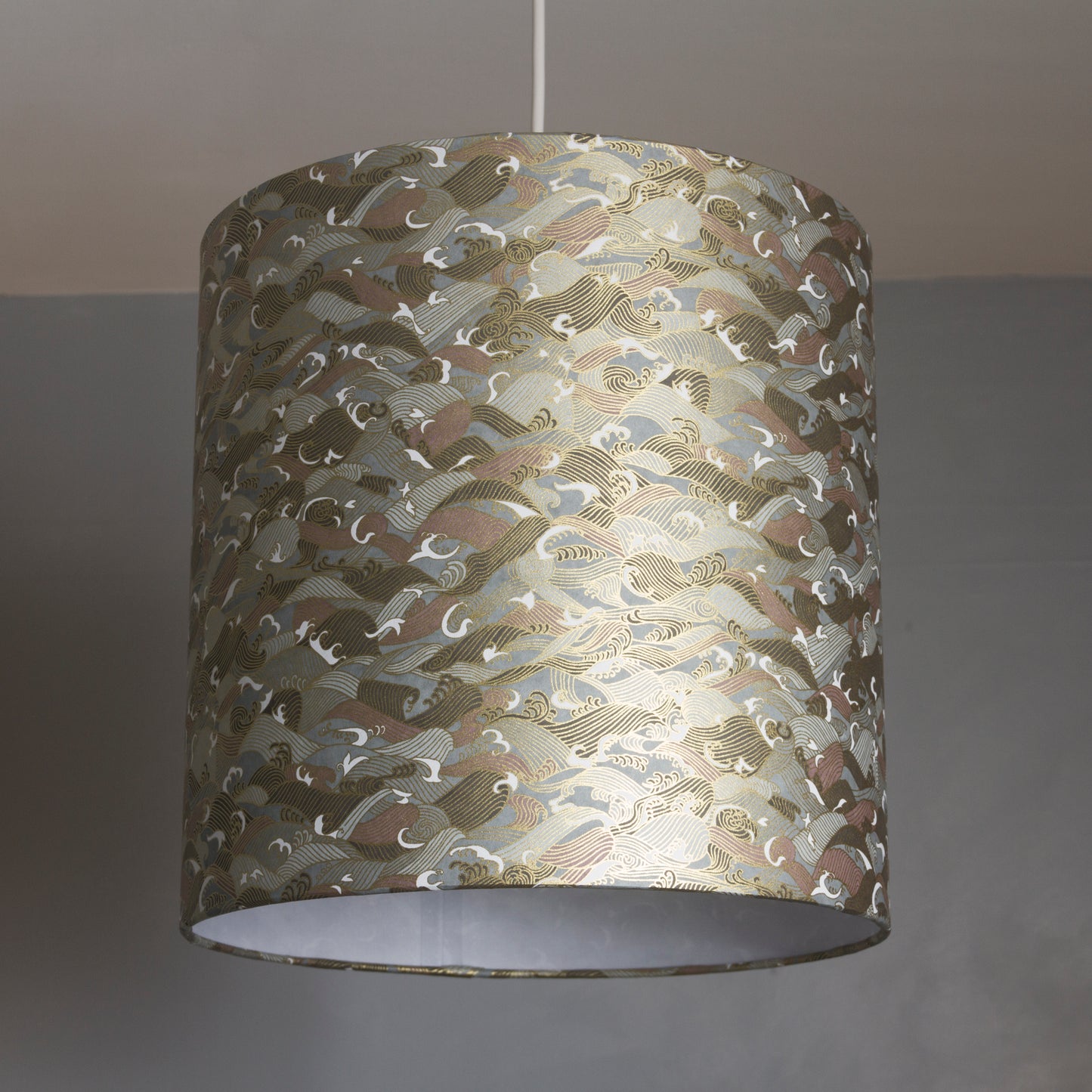 Drum Lamp Shade - W03 ~ Gold Waves on Greys, 30cm(d) x 30cm(h)