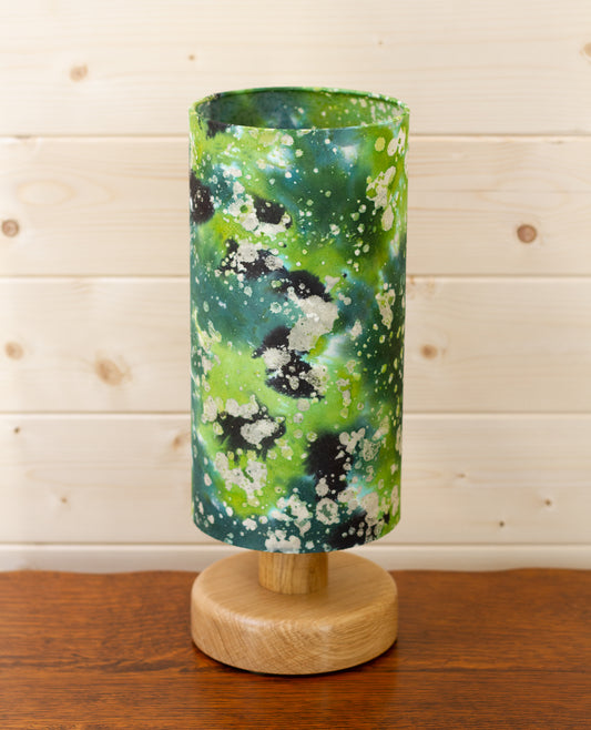 Round Oak Table Lamp with 15cm x 30cm Lamp Shade in B114 ~ Batik Canopy Greens