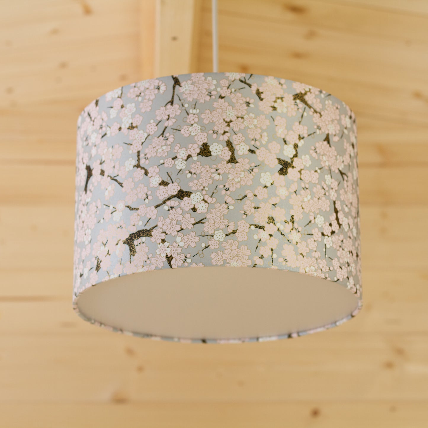 Drum Lamp Shade - W02 ~ Pink Cherry Blossom on Grey, 30cm(d) x 20cm(h)