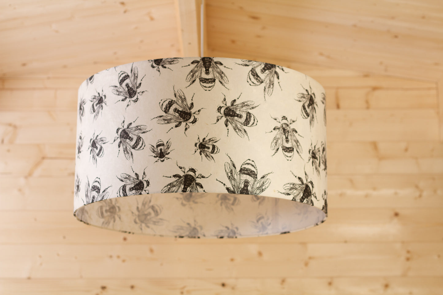 Drum Lamp Shade - P42 - Bees Screen Print on Natural Lokta, 60cm(d) x 30cm(h)