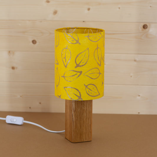 Square Oak Table Lampshade in Batik Leaf Yellow Handmade by imbue Lighting in the UK