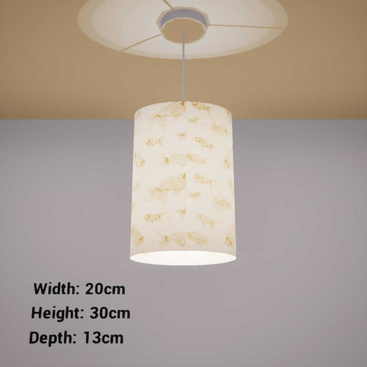 Oval Lamp Shade - P40 - Gold Fish Screen Print on Natural Lokta, 20cm(w) x 30cm(h) x 13cm(d)
