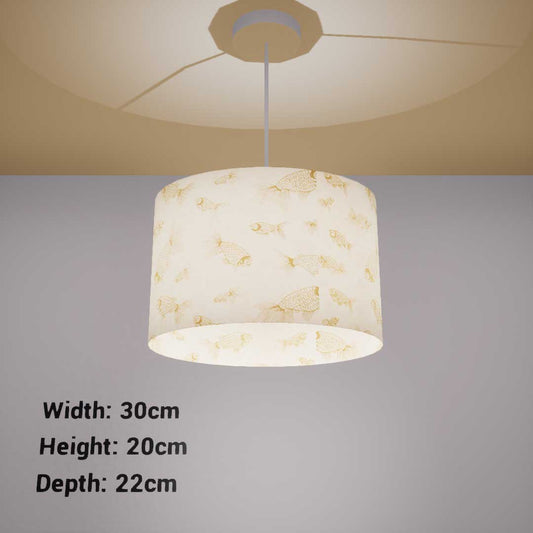 Oval Lamp Shade - P40 - Gold Fish Screen Print on Natural Lokta, 30cm(w) x 20cm(h) x 22cm(d)