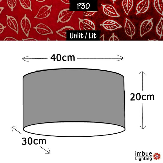 Oval Lamp Shade - P30 - Batik Leaf on Red, 40cm(w) x 20cm(h) x 30cm(d)