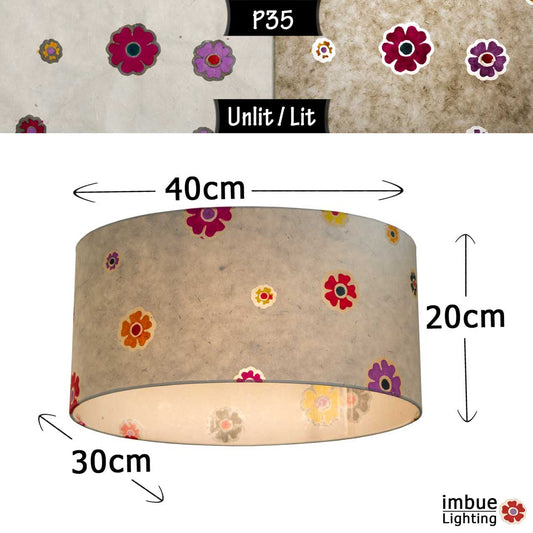 Oval Lamp Shade - P35 - Batik Multi Flower on Natural, 40cm(w) x 20cm(h) x 30cm(d)