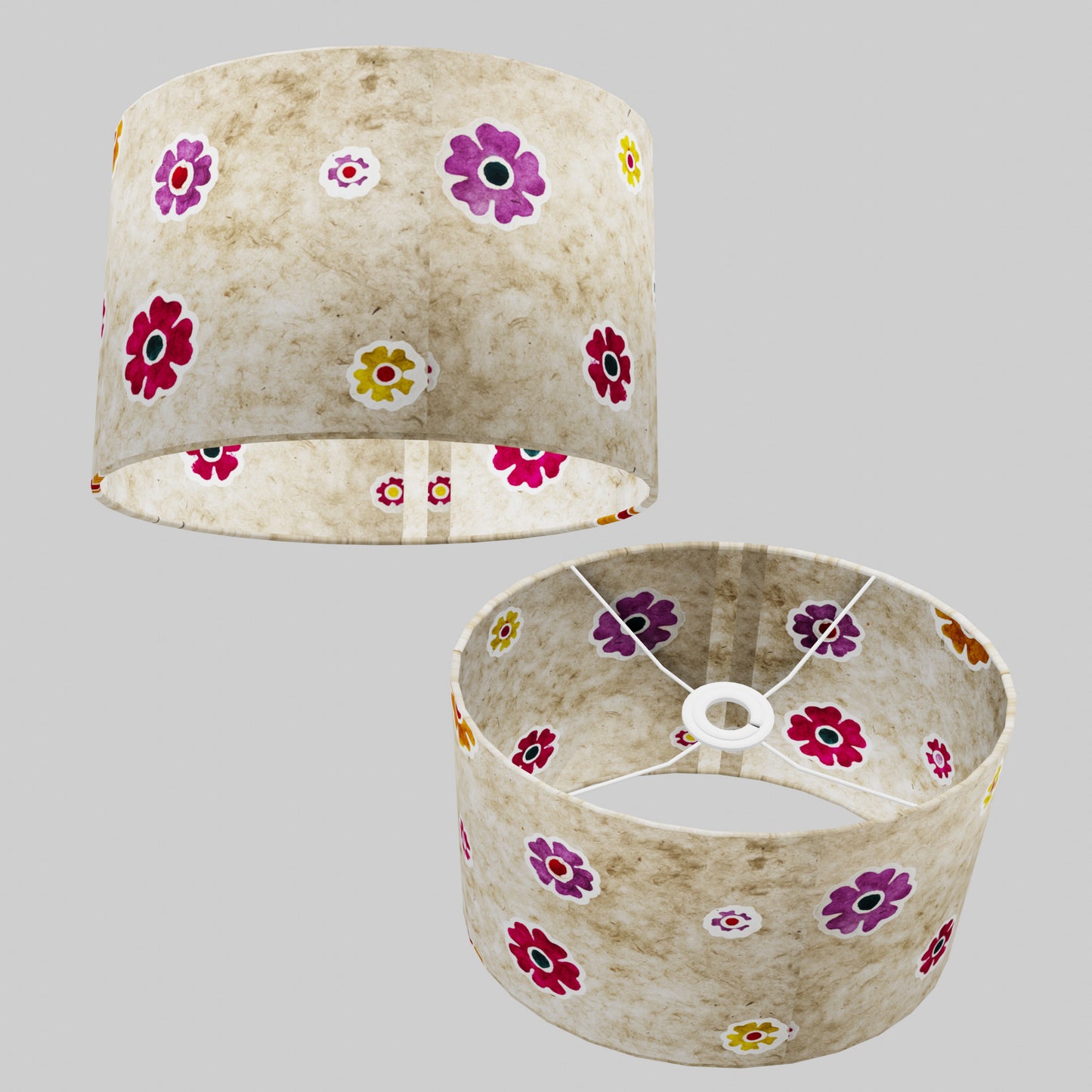 Oval Lamp Shade - P35 - Batik Multi Flower on Natural, 30cm(w) x 20cm(h) x 22cm(d)