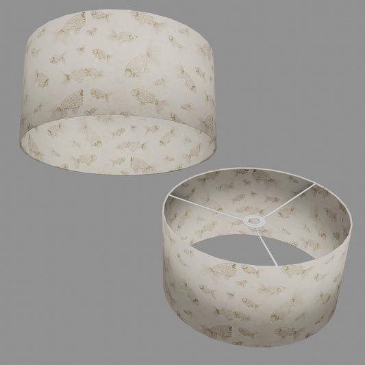 Drum Lamp Shade - P40 - Gold Fish Screen Print on Natural Lokta, 40cm(d) x 20cm(h)