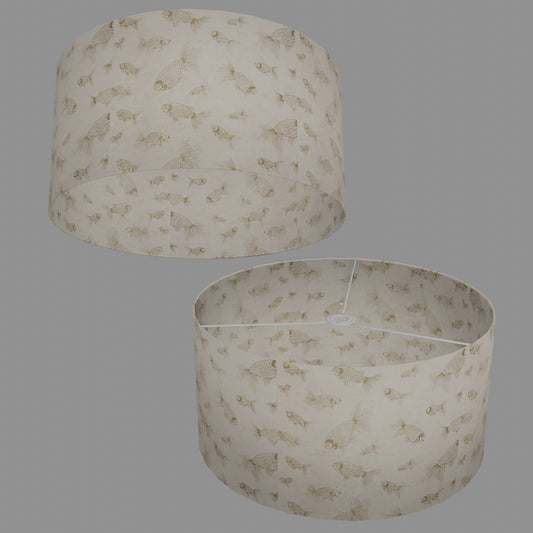 Drum Lamp Shade - P40 - Gold Fish Screen Print on Natural Lokta, 50cm(d) x 25cm(h)