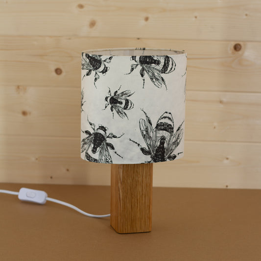 Square Oak Table Lamp with Oval Lamp Shade P42 - Bees Screen Print