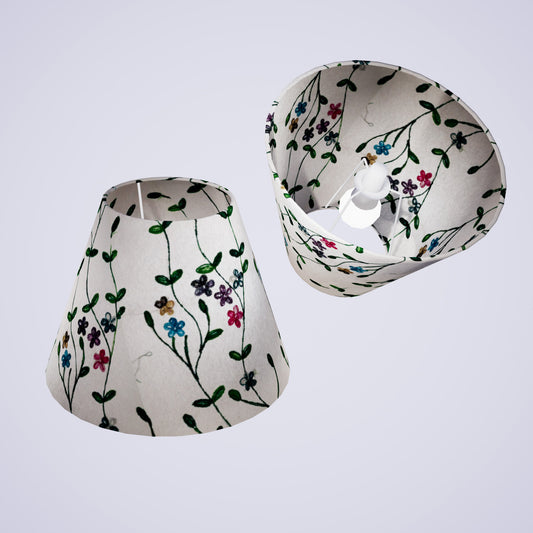 Conical Lamp Shade P43 - Embroidered Flowers on White, 15cm(top) x 30cm(bottom) x 22cm(height)