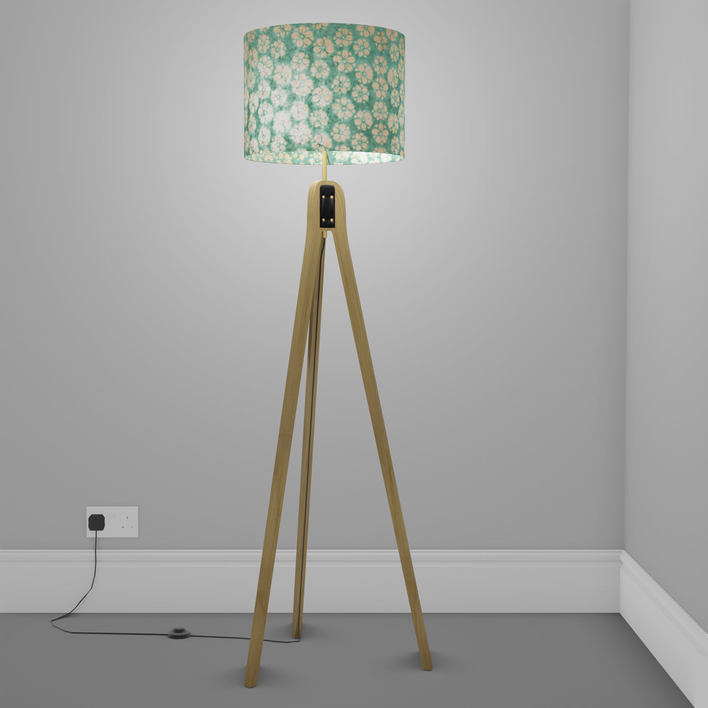 Oak Tripod Floor Lamp - P80 ~ Batik Star Flower Sea Foam