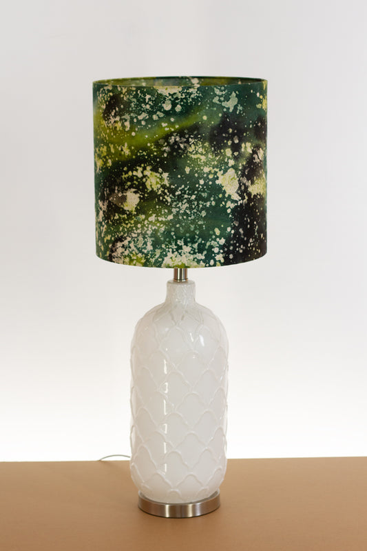 Pesa Tall Glass Touch Table Lamp Base in White Glass - Handmade Drum Lampshade (30cm x 30cm) B114 ~ Batik Canopy Greens