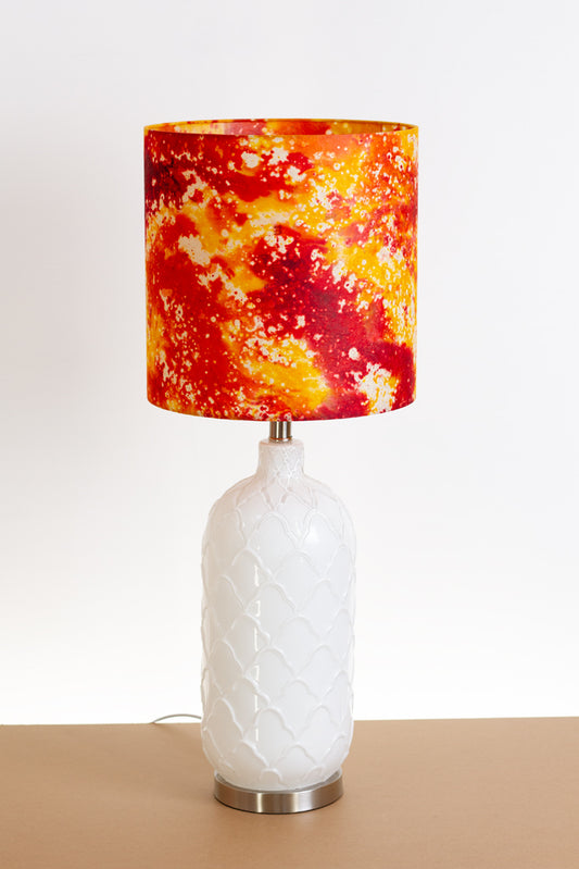 Pesa Tall Glass Touch Table Lamp Base in White Glass - Handmade Drum Lampshade (30cm x 30cm) B112 ~ Batik Lava Red Orange