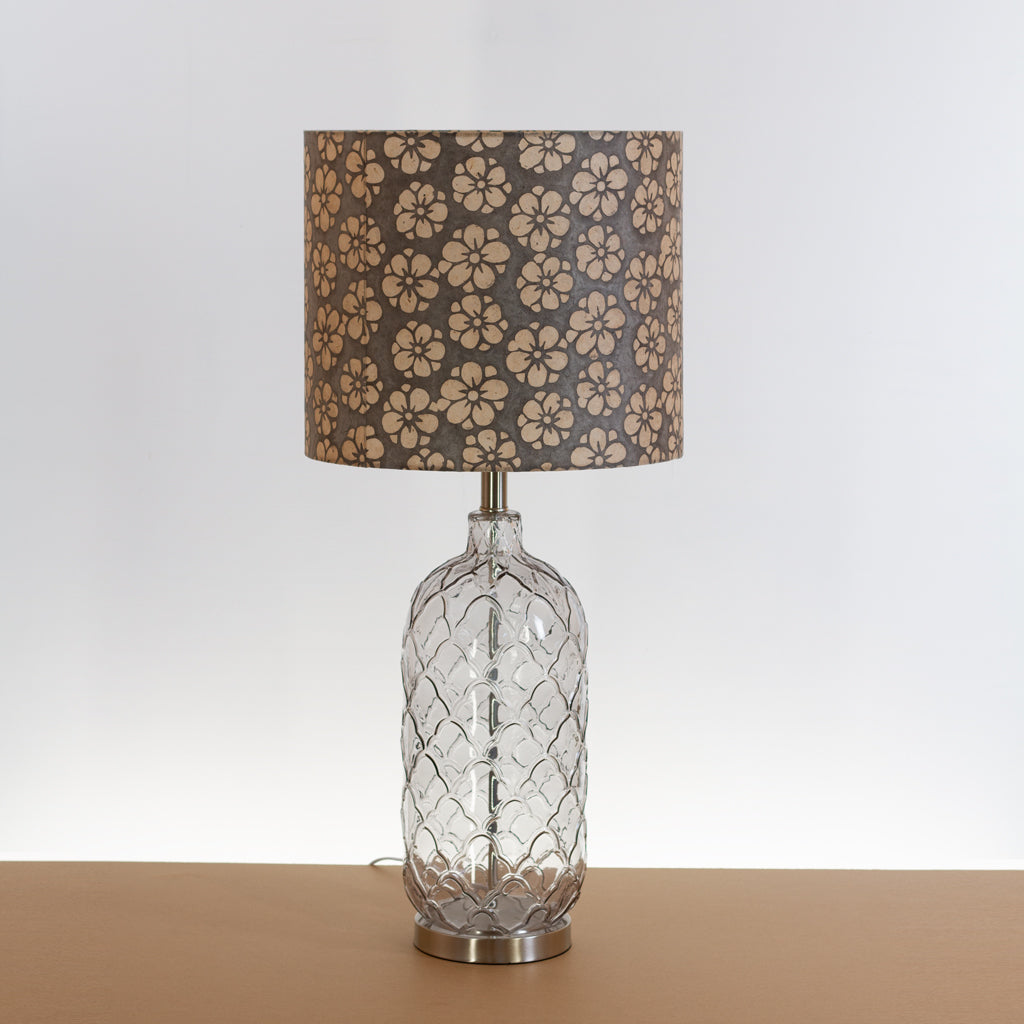 Pesa Tall Glass Touch Table Lamp Base in Smoked Glass - Handmade Drum Lampshade (35cm x 30cm) P77 ~ Batik Star Flower Grey