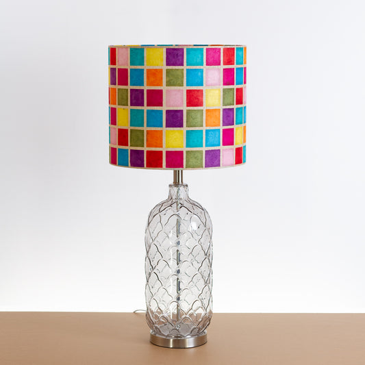 Pesa Tall Glass Touch Table Lamp Base in Smoked Glass - Handmade Drum Lampshade (35cm x 30cm) P01 Batik Multi Square