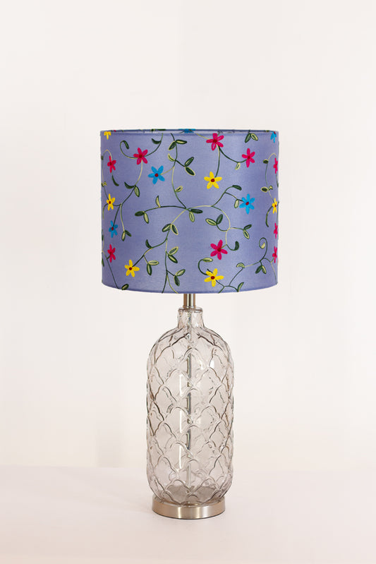 Pesa Tall Glass Touch Table Lamp Base - Handmade Drum Lampshade (35cm x 30cm) P46 ~ Embroidered Evening Blue