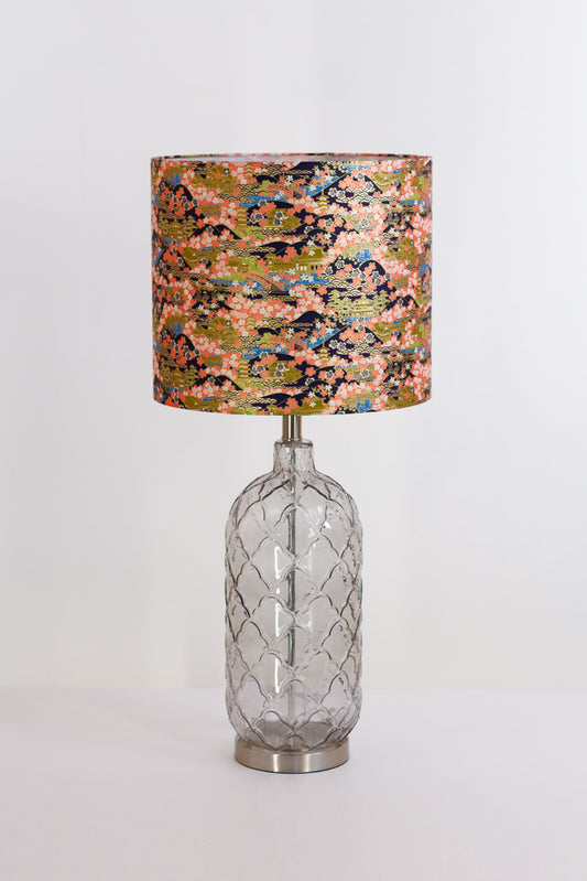 Pesa Tall Glass Touch Table Lamp Base in Smoked Glass - Handmade Drum Lampshade (35cm x 30cm) W06 ~ Kyoto